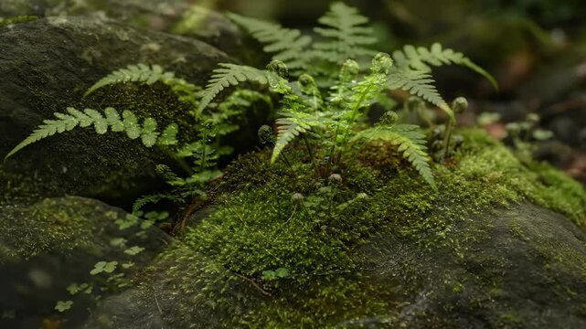 Intimate time lapse showing lush moss and ferns slowly growing on ancient rocks in a humid, temperate forest, representing life's resilience humid, inspiring, ecology