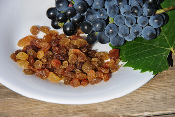raisins and fresh grapes on a plate. dried grapes as a treat