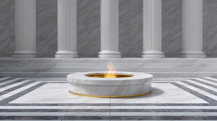 Eternal flame burns in marble monument with columns and stairs symbolizing remembrance day honoring veterans day with solemn respect and peace
