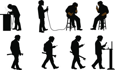 Collection of professional welder and metal worker silhouettes in various poses, including welding, standing, and sitting for industrial and manufacturing concepts