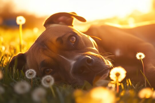 Fresh Grass Boxer Dog Portrait Dandelion Field Calm Expression