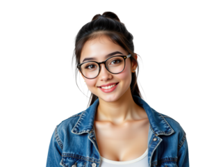 Young woman in denim jacket with glasses smiling at camera