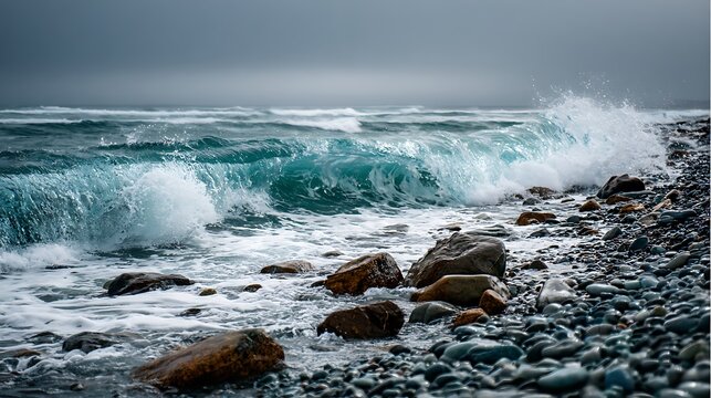 Dynamic teal waves rolling into the water on the sea