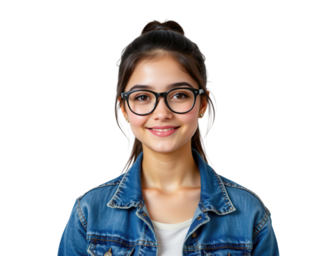 Young Woman with Glasses and Denim Jacket Smiling Brightly