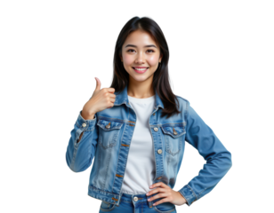 Young woman with denim jacket showing thumbs up gesture, smiling