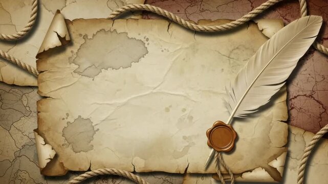 A parchment scroll with a feather quill and a wax seal on a map background and rope border design
