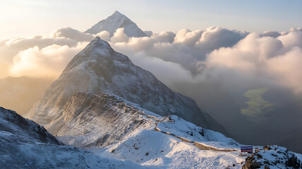 A sunrise photograph captures a snow-capped mountain peak with a blend of gray and brown hues, surrounded by a lush green valley and soft golden light, evoking a sense of peace and awe.