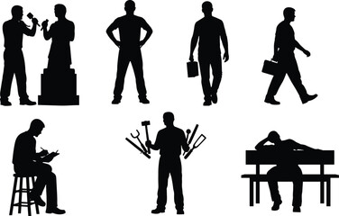 Silhouette collection of professional and skilled men in various poses, including business people and craftsmen for work and occupation concepts