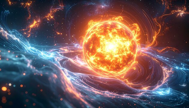 Fiery celestial sphere amidst swirling nebula