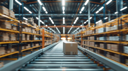A cardboard box travels alone on a conveyor belt in a large industrial warehouse fulfillment