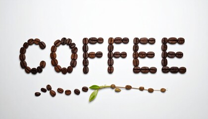 coffee beans forming text on white background, minimal style, decorative accents, top view