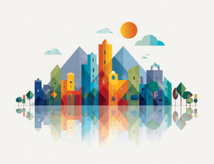 Colorful geometric city skyline illustration with water reflection and mountains.