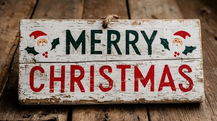 Bright and colorful Merry Christmas sign featuring festive decorations and a rustic wooden background for holiday cheer