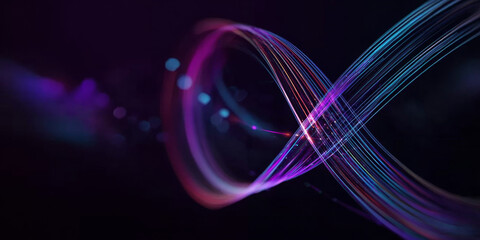 Abstract infinity symbol formed by glowing purple and blue light trails on a dark background with bokeh effects.