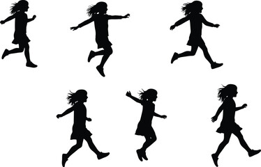 Silhouette sequence of running child girl in dress, motion phases illustration for animation, sports biomechanics, education, fitness, and activity design