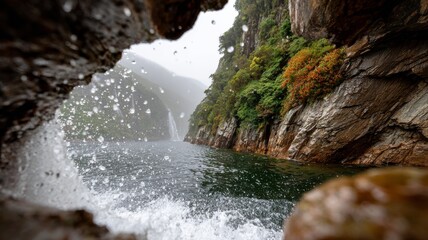 waterfall viewed from the plunge pool, spray droplets sparkling