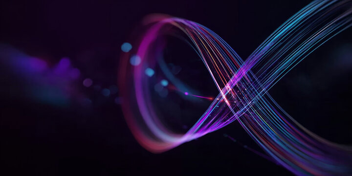 Abstract infinity symbol formed by glowing purple and blue light trails on a dark background with bokeh effects.