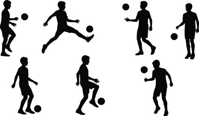 Silhouette soccer player juggling ball set, dynamic football freestyle poses, sports training skill practice, athletic motion vector illustration isolated design