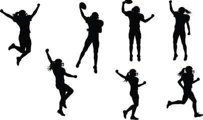 Silhouette vector illustration of American football players celebrating victory, dynamic action poses, sports energy, athletic teamwork, competition, touchdown excitement, championship spirit
