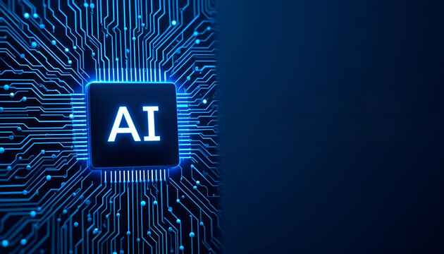 Glowing AI Processor Chip on Circuit Board with Blue Copy Space