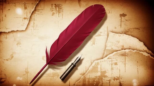 A red quill pen and inkwell resting on aged parchment paper with torn edges and a vintage aesthetic