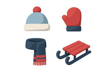 Collection of essential winter season accessories including a warm beanie hat, cozy mitten, long scarf, and a fun sled for snow activities