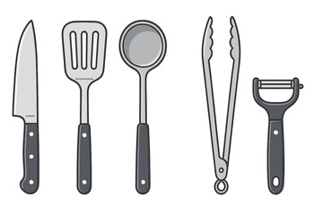 A collection of essential kitchen cooking utensils including a knife, spatula, ladle, tongs, and peeler