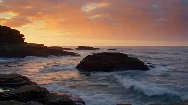 Coastal sunset scene with ocean waves and dramatic sky at dusk time