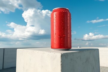 Realistic Red Soda Can on Stone Pedestal under Blue Sky
