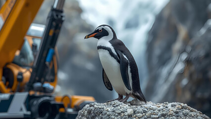 Obraz premium penguin at a construction site with a bulldozer machine, ai