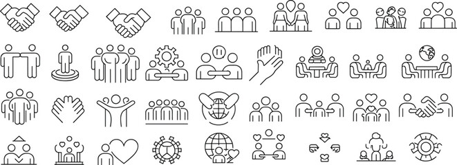 Teamwork and collaboration icons, human interaction symbols, business communication graphics, black and white line art, minimal unity visuals, global partnership vector set