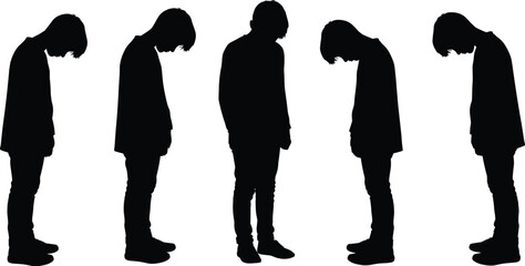 Silhouette vector illustration of standing man with downward posture, sad body language, depressed mood, loneliness concept, emotional expression, human figure
