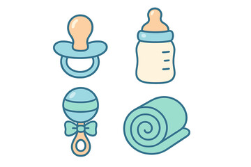 Newborn baby care essentials set with pacifier, feeding bottle, rattle toy, and soft blanket