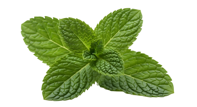 Fresh green mint leaves with visible veins and texture on a white background Keywords: mint leaves, fresh mint, green herb, aromatic herb, culinary herb, ingredient, garnish, fresh