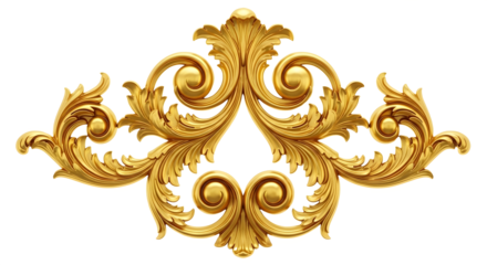 Ornate golden baroque scrollwork element with swirling acanthus leaves and decorative curls on a white background Keywords: golden ornament, baroque scroll, acanthus leaf, decorative 