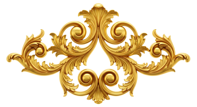 Ornate golden baroque scrollwork element with swirling acanthus leaves and decorative curls on a white background Keywords: golden ornament, baroque scroll, acanthus leaf, decorative