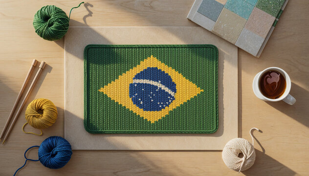 Knitted Brazilian Flag with Yarn and Needles on Wooden Table Craft Scene