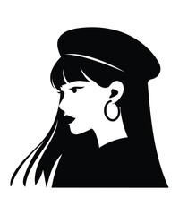 Fashionable Woman Silhouette Profile Wearing Beret Hat.