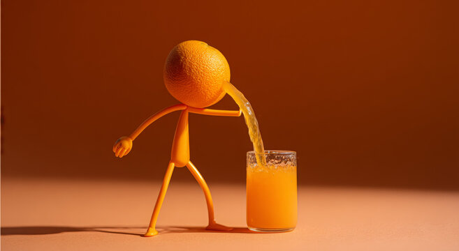 Orange stick figure pouring juice into a glass, creative food photography.