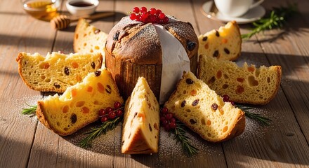 Traditional panettone sliced and decorated with berries on rustic wooden table.
