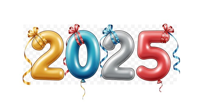 Festive 2025 New Year celebration with colorful glossy number balloons and ribbons.