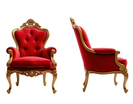 Elegant Red Armchair with Gold Detailing and Classic Design Style