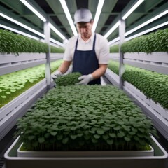 A vertical indoor hydroponic farm displays lush green trays of microgreens with a worker harvesting. Close, crisp macro focus on leaves, LED grow light glow and modern urban farming aesthetic. . Analy