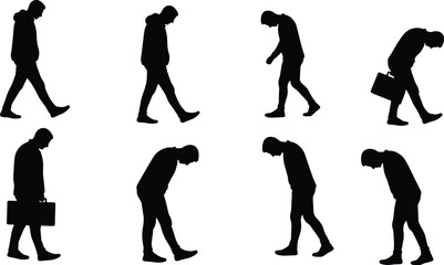 Vector silhouettes of man walking with briefcase in different postures, business concept illustration showing movement, fatigue, lifestyle and career
