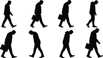 Vector silhouettes of man walking with briefcase in different postures, business concept illustration showing movement, fatigue, lifestyle and career