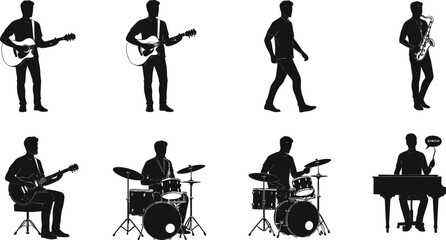 Silhouettes of musicians, playing instruments like a guitar, saxophone, drums, and piano, perfect for music and live performance themes, isolated on white