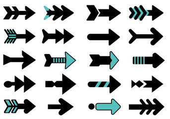 Modern Flat Arrow Icons Set. Diverse black and turquoise vector graphics for UI, web, navigation, direction, forward, next, and progress indicators.