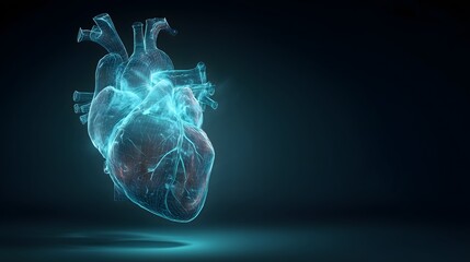 Futuristic 3D Digital Rendering of Human Heart with Blue Holographic Light