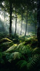 Dense woodland trees glowing in morning light HD photos