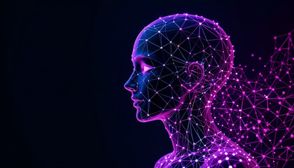 Obraz premium Abstract Digital Identity: Glowing Neon Polygonal Human Head